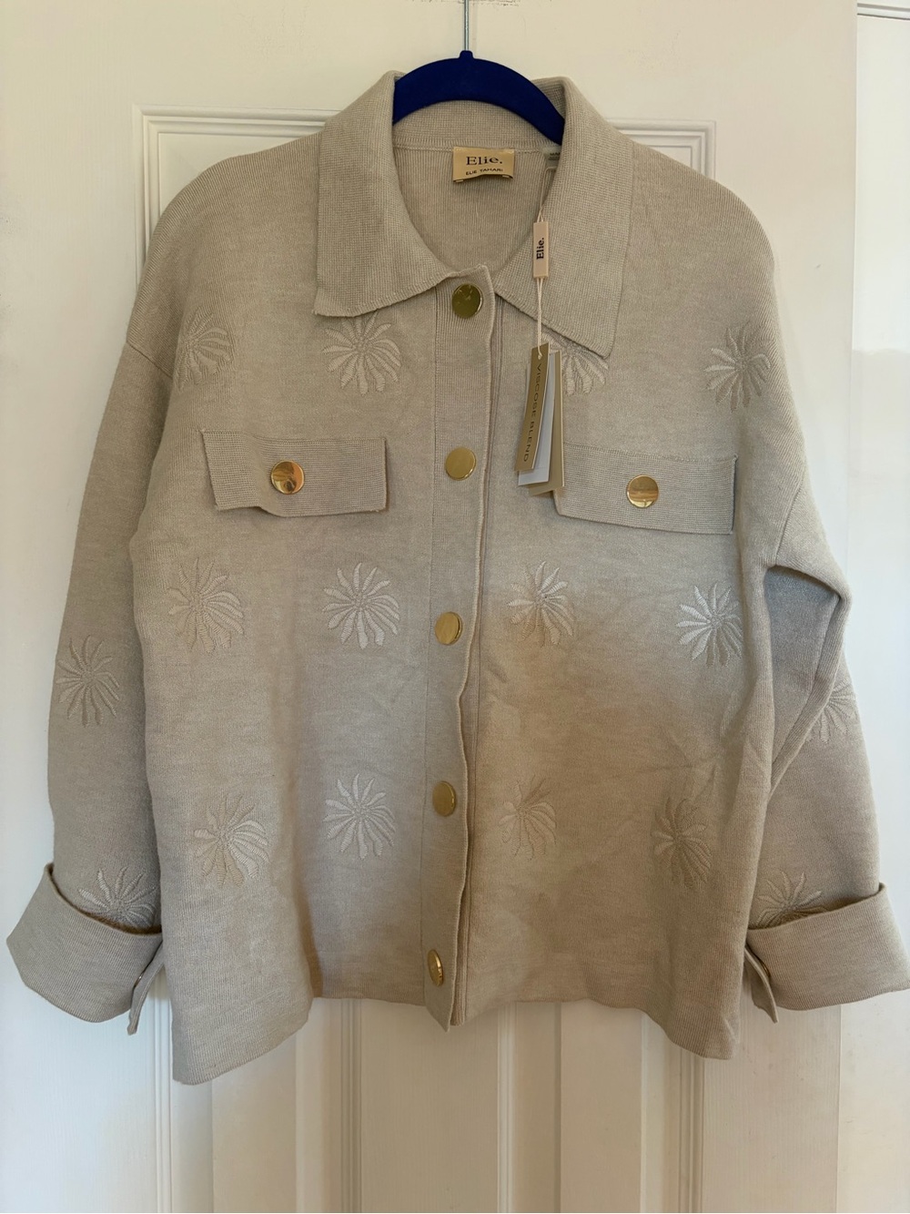 Elie Tahari Light Beige Embroidered Button-Front Jacket Cardigan Size M